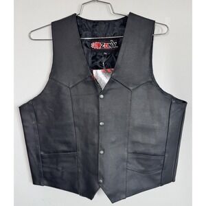 Zony Men's Black Leather Biker Vest Cut Concealed Carry Gun Pocket Size L Safety